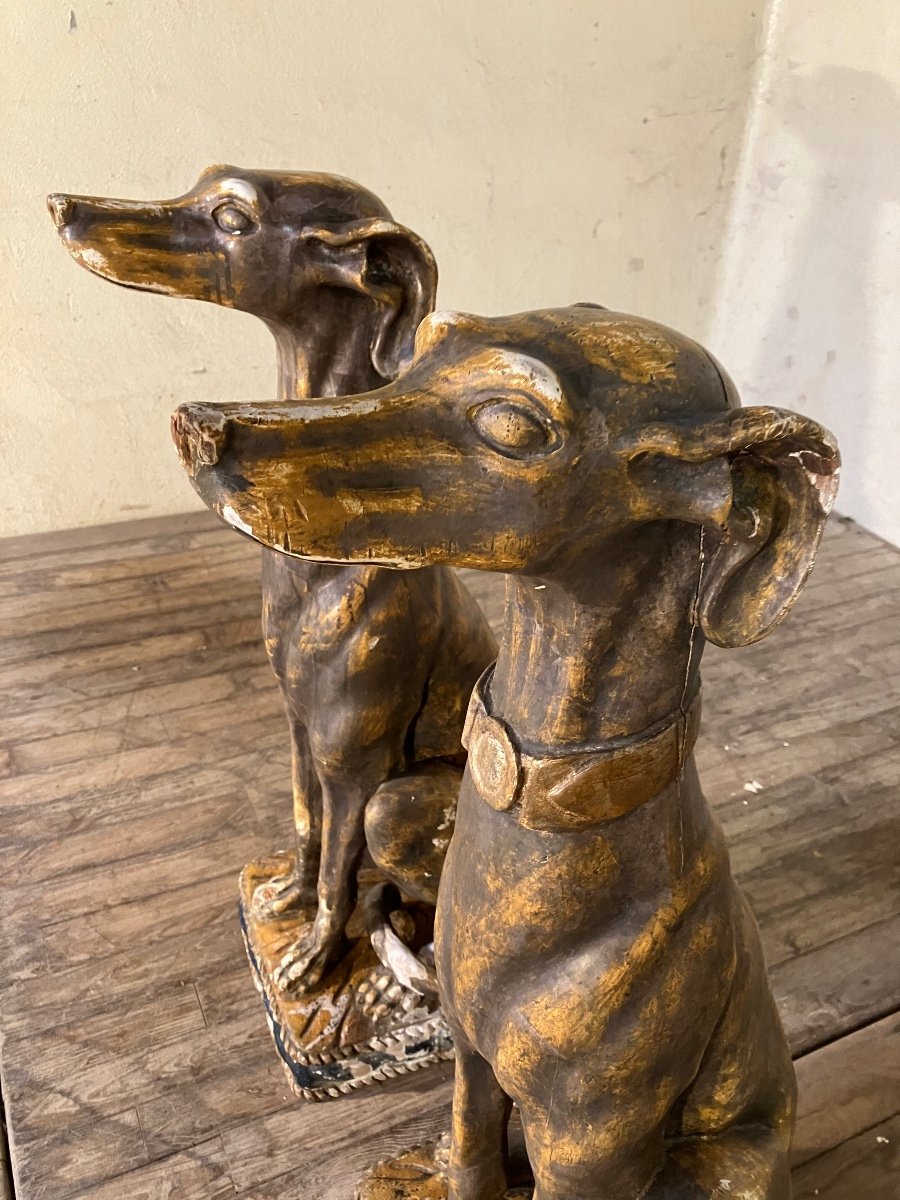 Pair Of Large Greyhounds In Polychrome Wood Italy 19th-photo-7