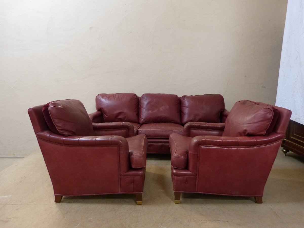 Salon Club Cuir Canapé Deux Fauteuils Sabots En Bronze -photo-2