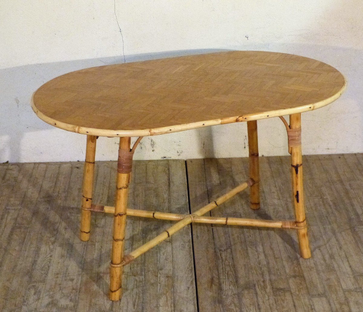 Grande Table En Rotin Pour Salle à Manger Ou Jardin 4 à 6 Personnes Années 50 Bambou