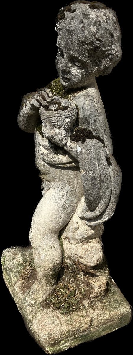 Importante Statue De Parc Pierre Calcaire 18ème Amour Dénicheur -photo-3