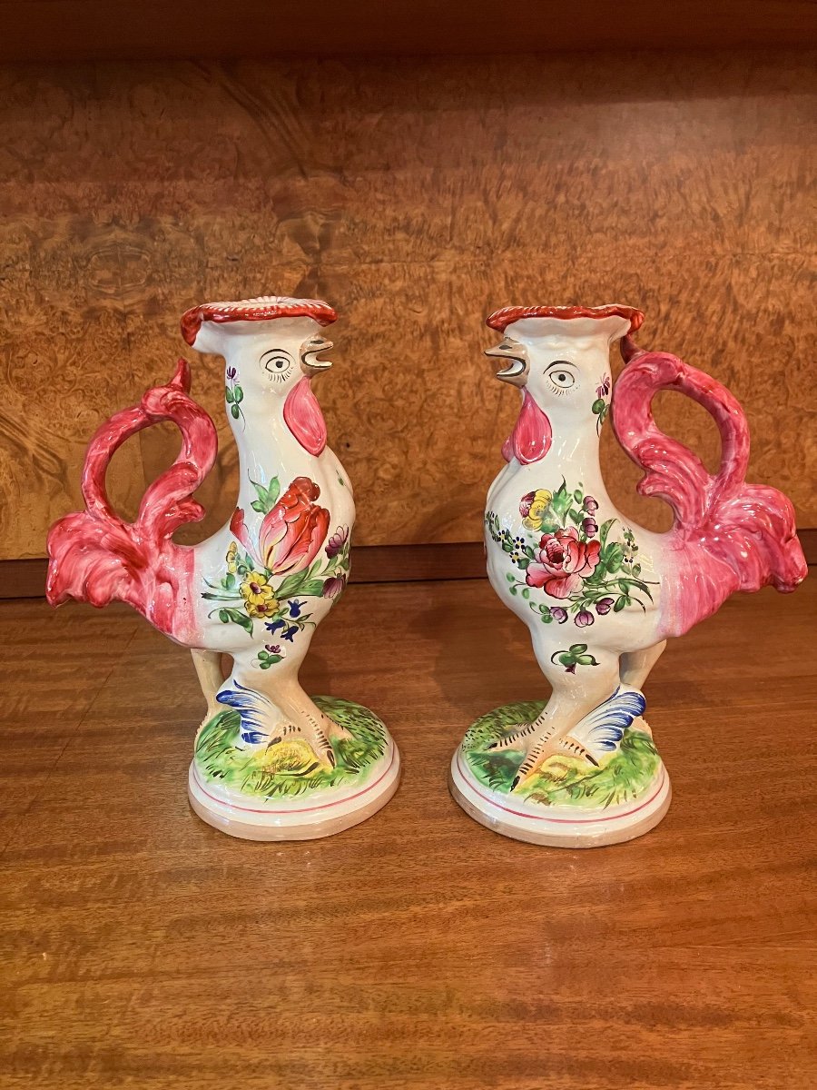 Pair Of Earthenware Roosters Candlesticks From Saint Clément Luneville-photo-3