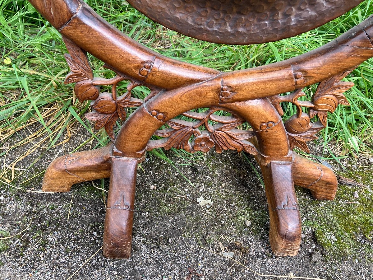 Gong Asiatique Dans Son Support Bois Sculpté, Chine Ou Indochine-photo-1