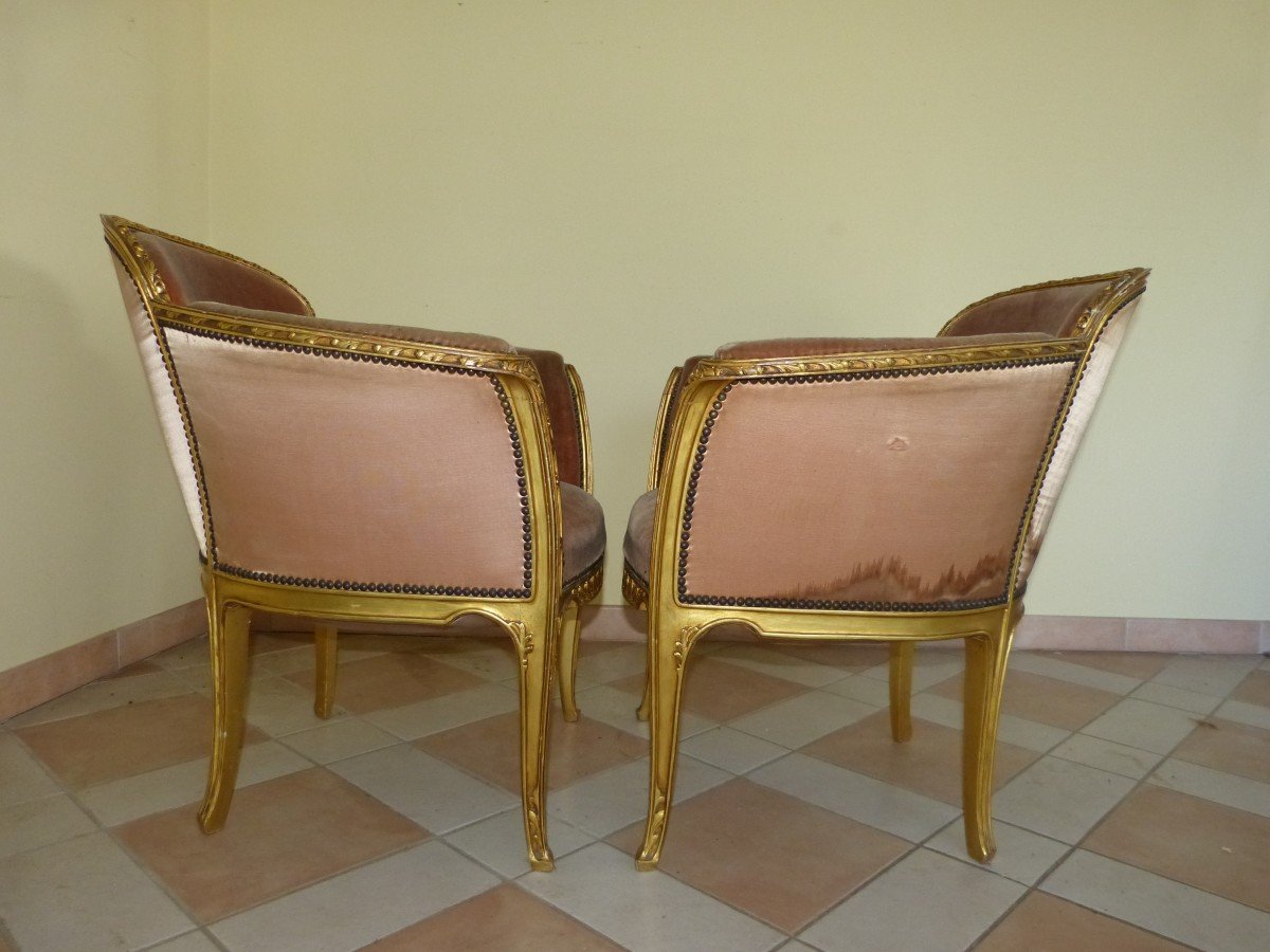 Majorelle Nancy Pair Of Golden Bergères Aubépine Art Nouveau Armchairs-photo-3