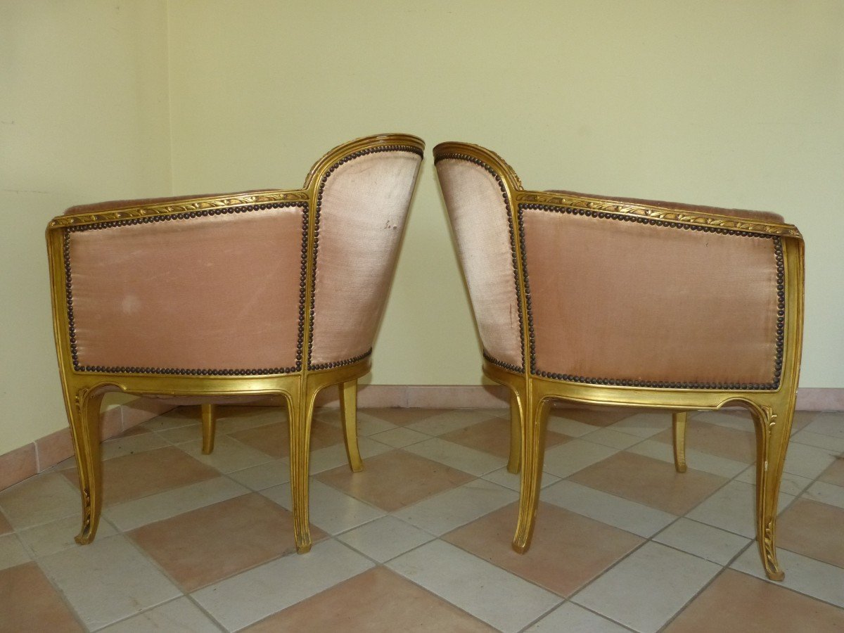 Majorelle Nancy Pair Of Golden Bergères Aubépine Art Nouveau Armchairs-photo-1