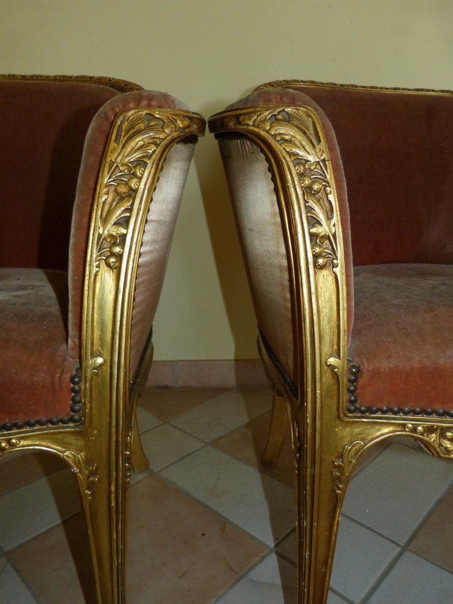 Majorelle Nancy Pair Of Golden Bergères Aubépine Art Nouveau Armchairs-photo-4