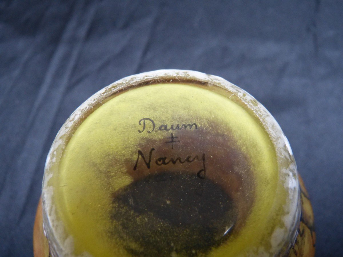 Daum Nancy Vase Paysage d'Hiver à La Neige Verre Gravé Et émaillé Art Nouveau-photo-3