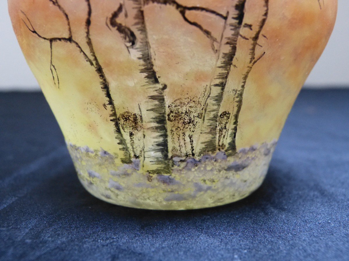 Daum Nancy Vase Paysage d'Hiver à La Neige Verre Gravé Et émaillé Art Nouveau-photo-4