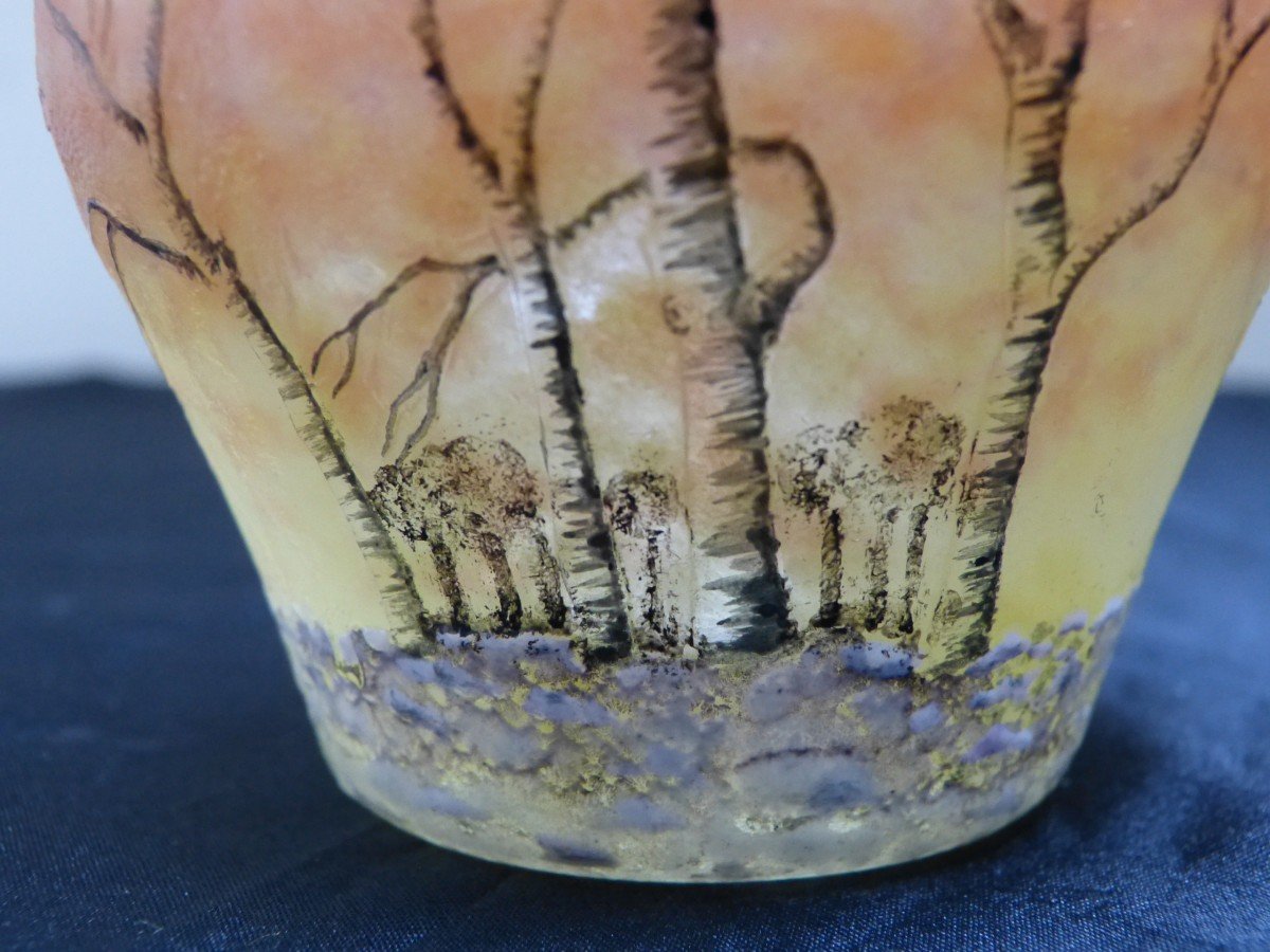 Daum Nancy Vase Paysage d'Hiver à La Neige Verre Gravé Et émaillé Art Nouveau-photo-5