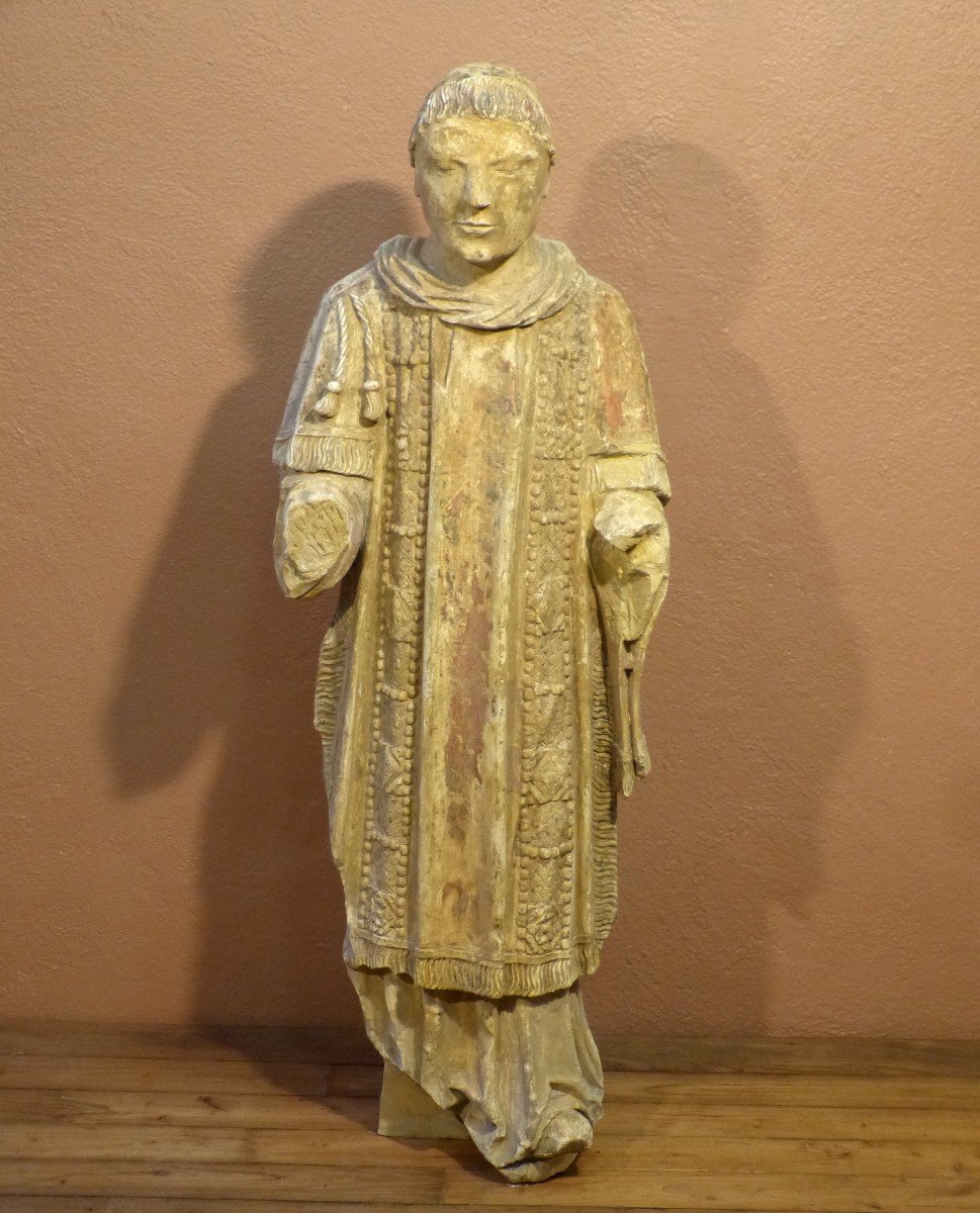 Grande Statue En Pierre Calcaire Evêque, XVIème Siècle, 102 Cm