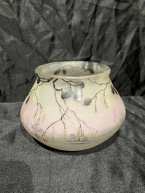Daum - Engraved And Enameled Glass Vase Alder Decor-photo-2