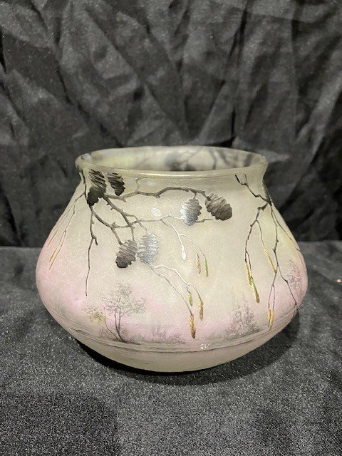 Daum - Engraved And Enameled Glass Vase Alder Decor-photo-3