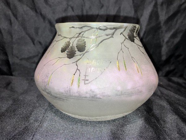 Daum - Engraved And Enameled Glass Vase Alder Decor-photo-4