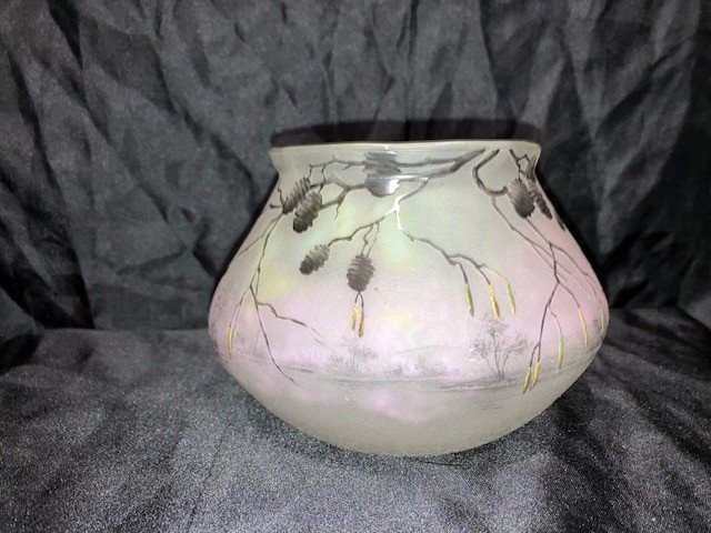 Daum - Engraved And Enameled Glass Vase Alder Decor-photo-6