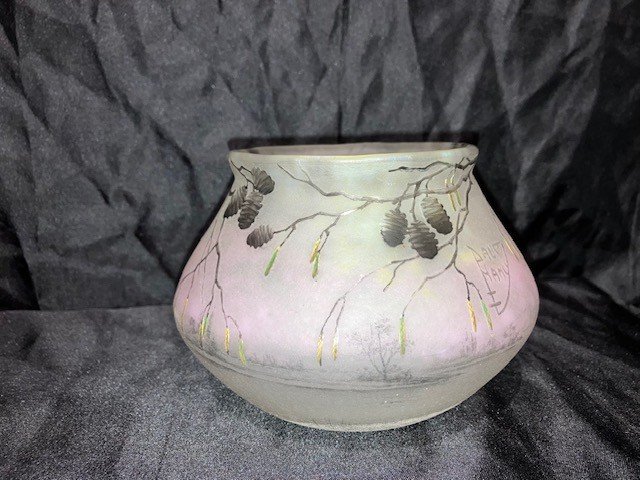 Daum - Engraved And Enameled Glass Vase Alder Decor-photo-7