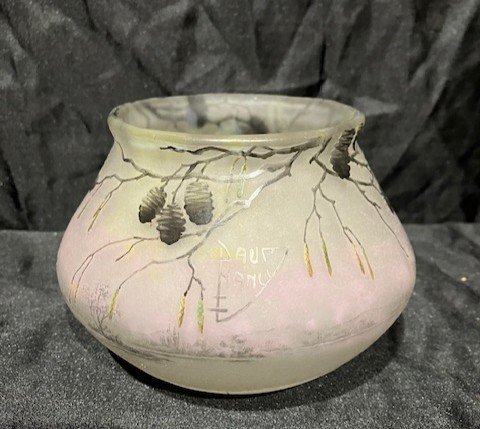 Daum - Engraved And Enameled Glass Vase Alder Decor