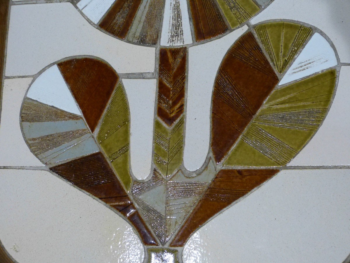 Roger Capron Table Basse Shogun Motif Fleur En Céramique Et Bois -photo-3