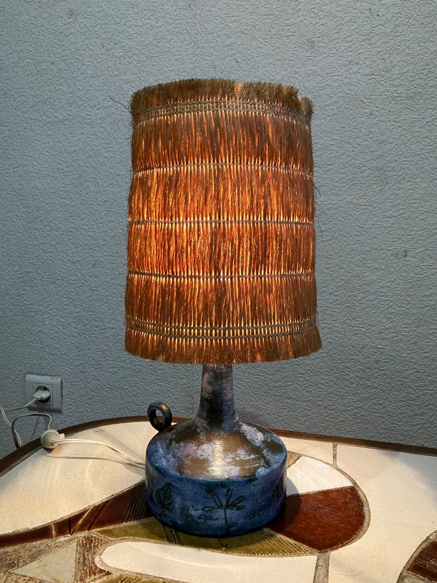 Jacques Blin Lampe En Céramique Bleue Années 50 Abat Jour d'Origine-photo-2