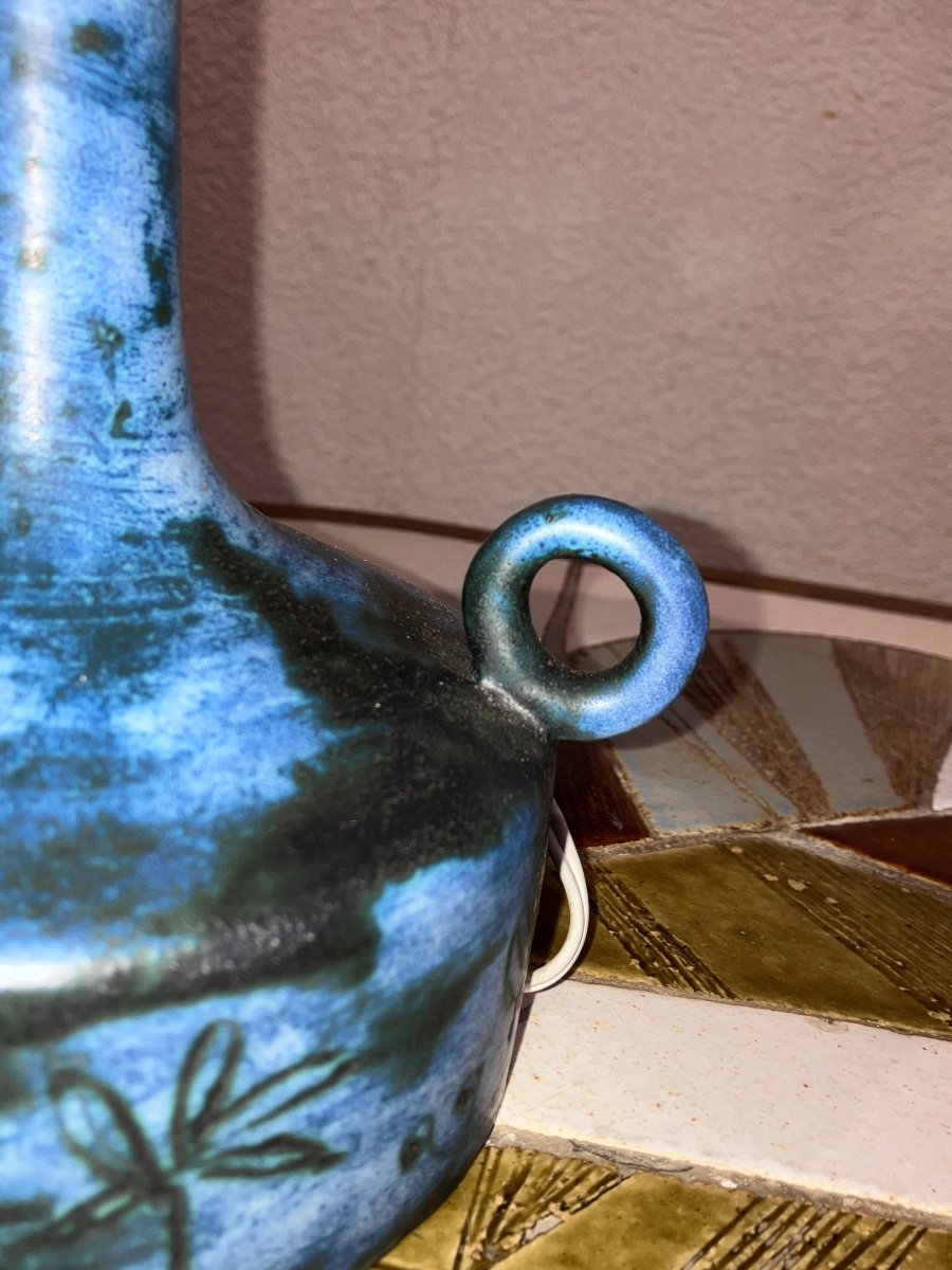 Jacques Blin Lampe En Céramique Bleue Années 50 Abat Jour d'Origine-photo-4