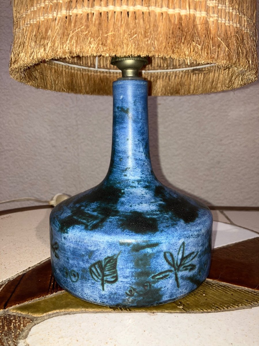 Jacques Blin Lampe En Céramique Bleue Années 50 Abat Jour d'Origine-photo-1