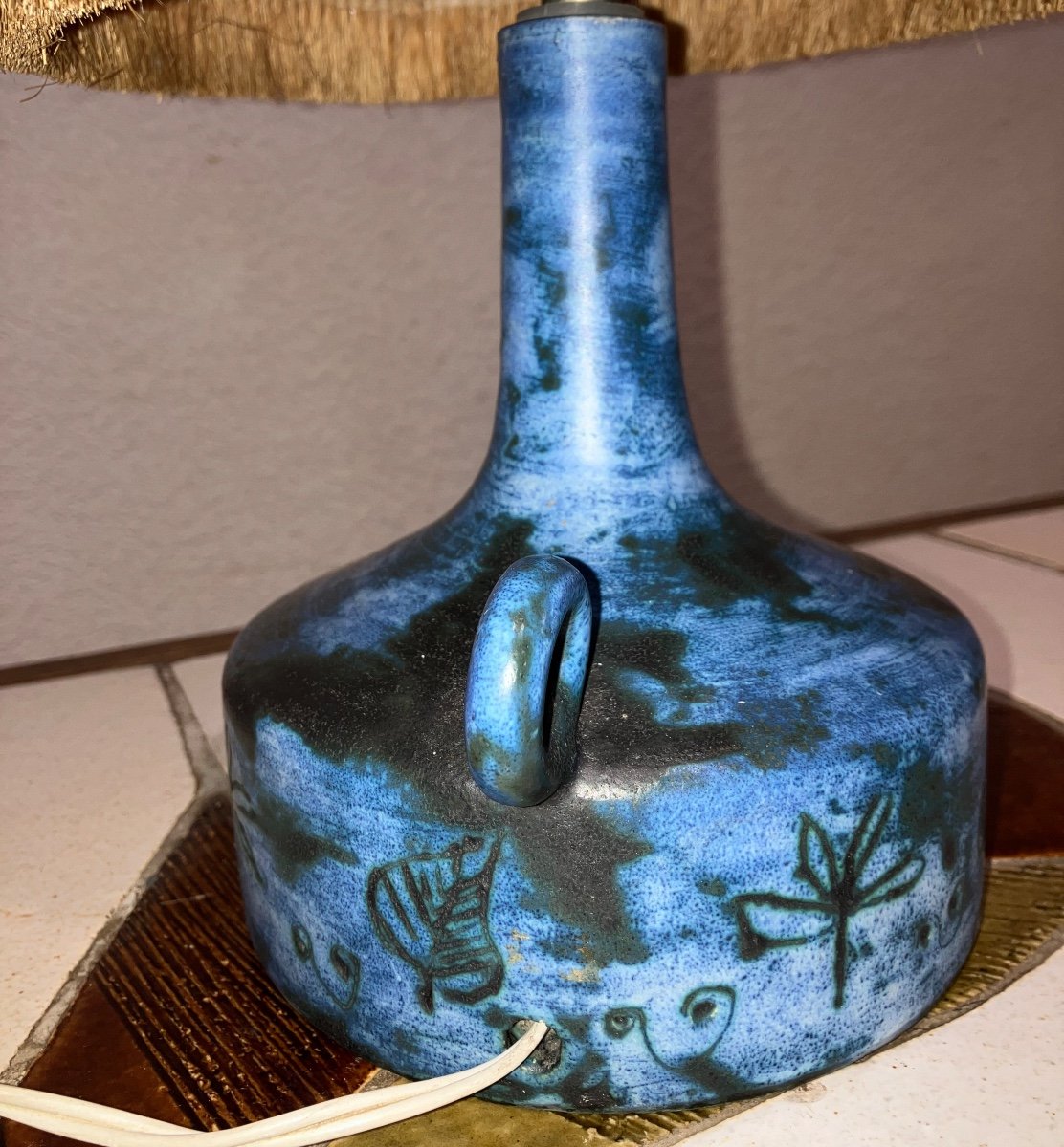 Jacques Blin Lampe En Céramique Bleue Années 50 Abat Jour d'Origine-photo-3