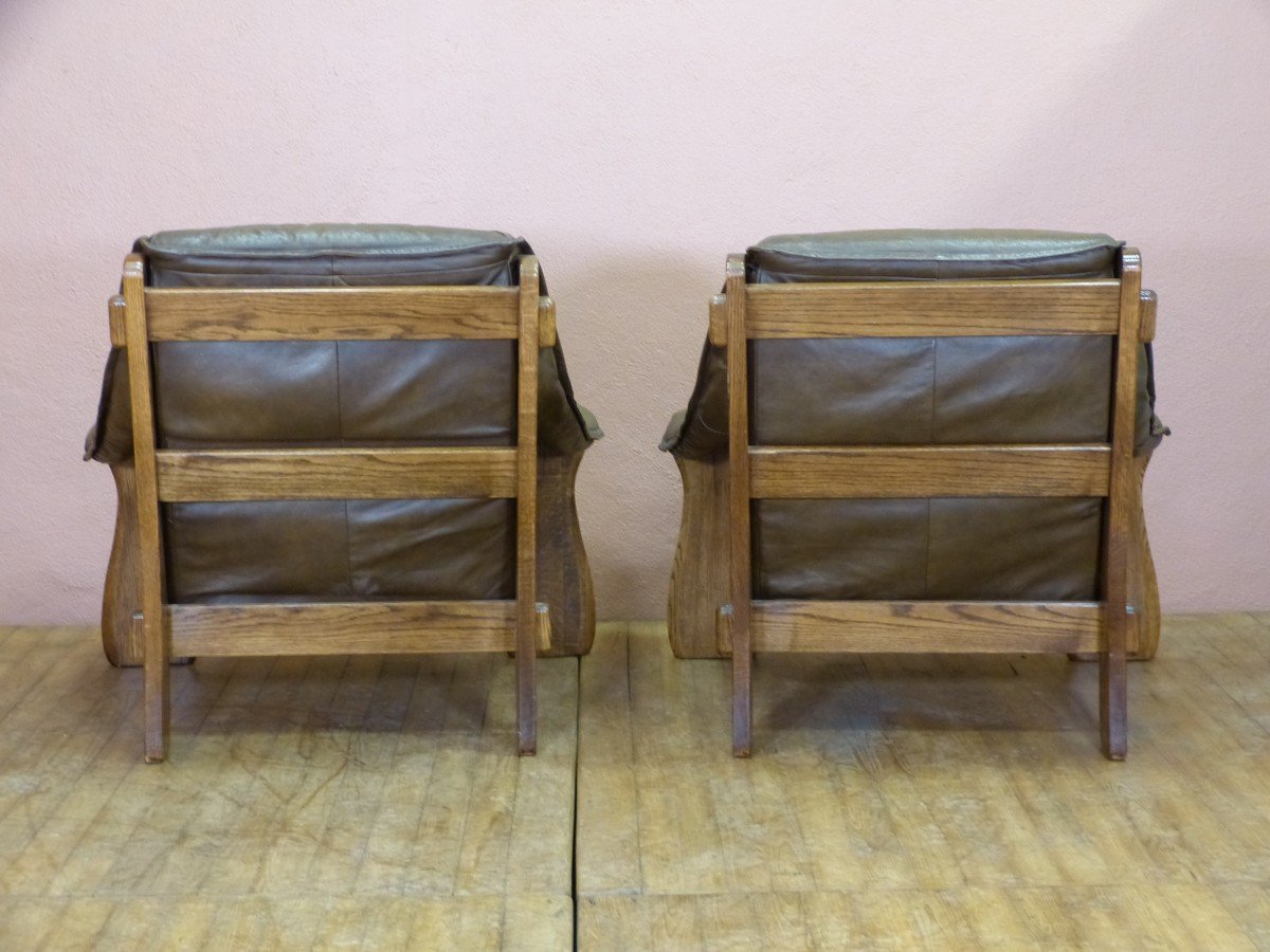 Pair Of Vintage Brutalist 60s Leather And Oak Armchairs-photo-1