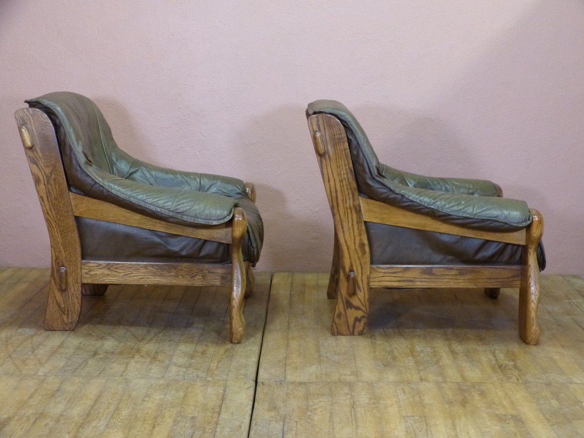 Pair Of Vintage Brutalist 60s Leather And Oak Armchairs-photo-2
