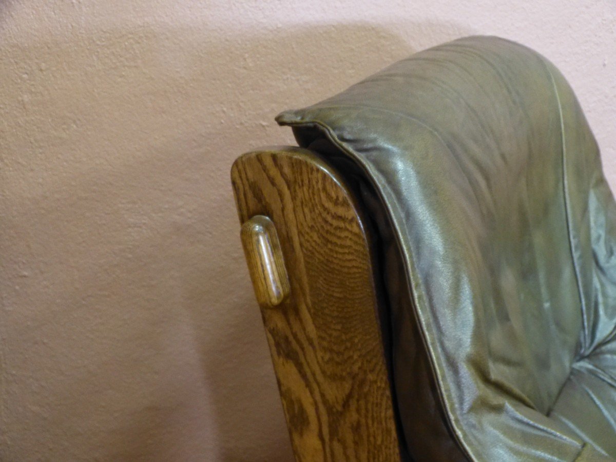 Pair Of Vintage Brutalist 60s Leather And Oak Armchairs-photo-3