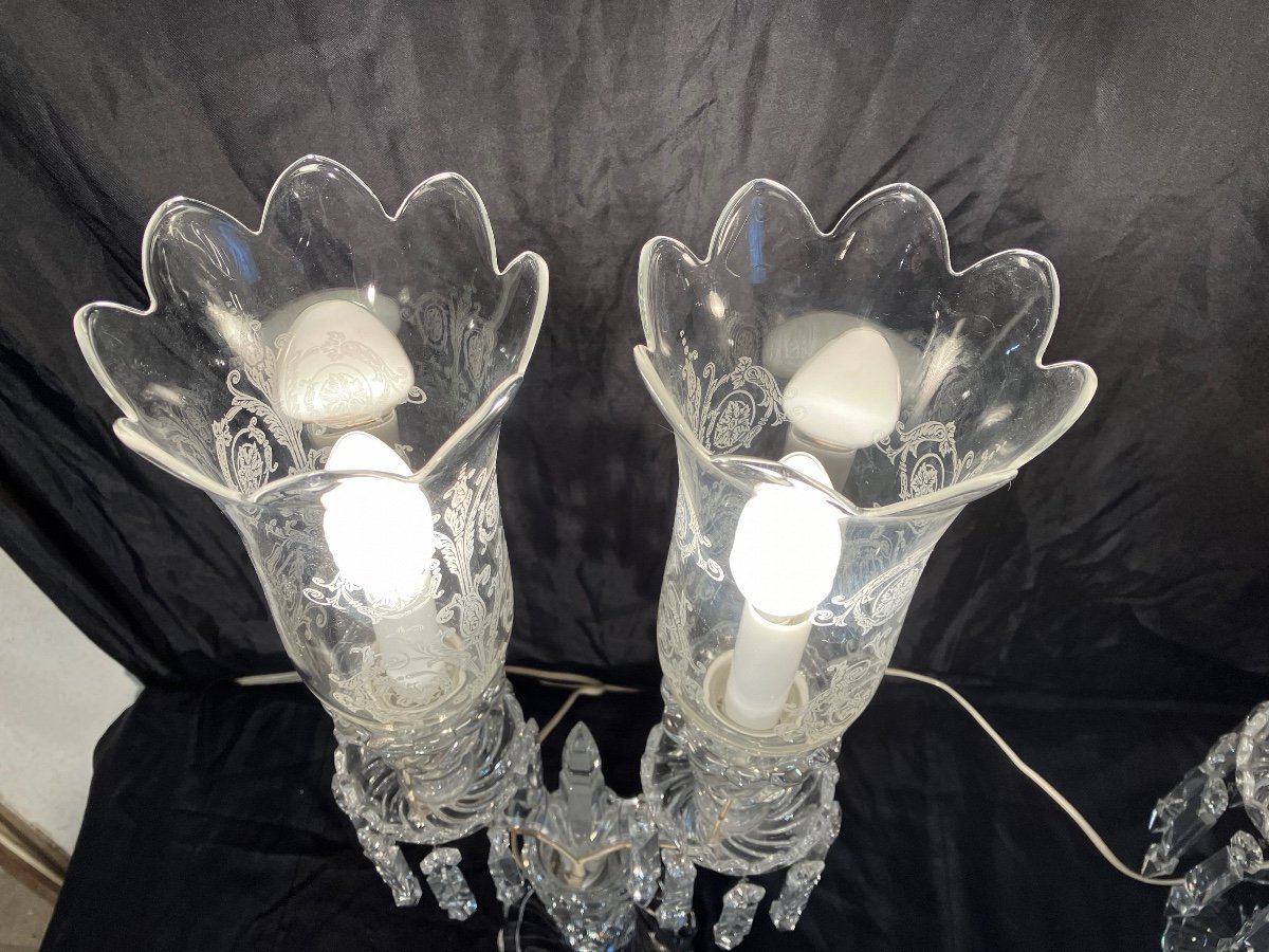 Baccarat Paire De Candélabres Photophores En Cristal Bougeoirs à Deux Branches Lampes -photo-4