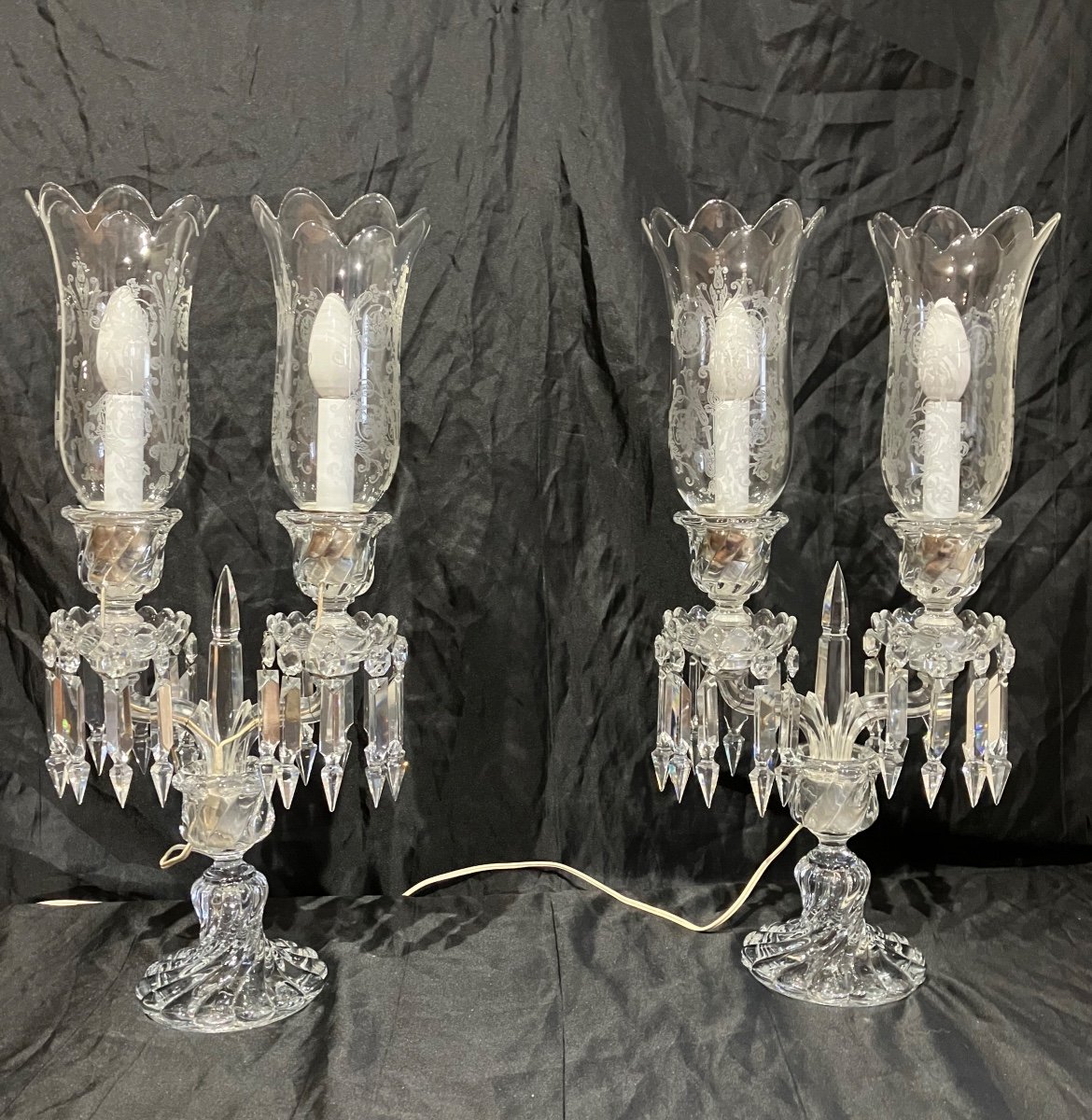 Baccarat Paire De Candélabres Photophores En Cristal Bougeoirs à Deux Branches Lampes 