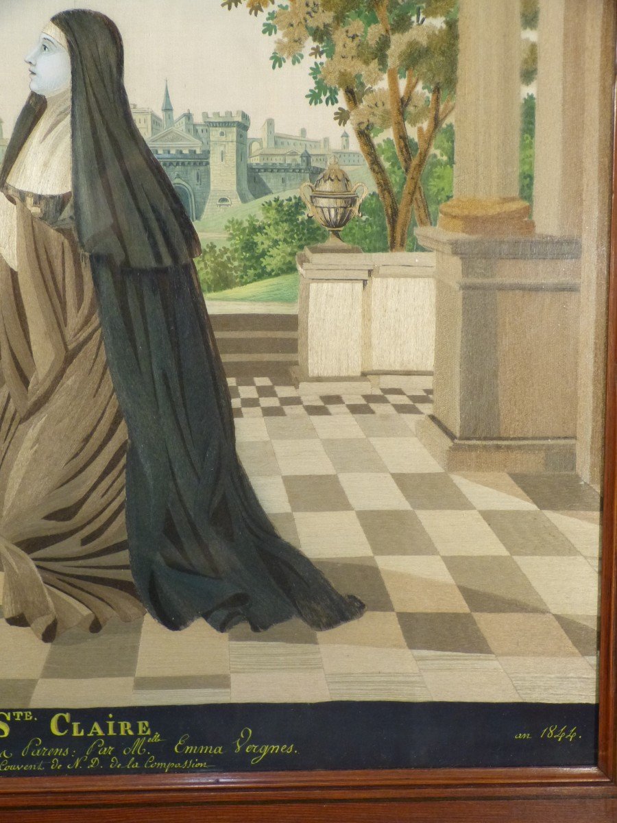 Saint Claire, Embroidery On A Landscape Background In Gouache 19th-photo-1