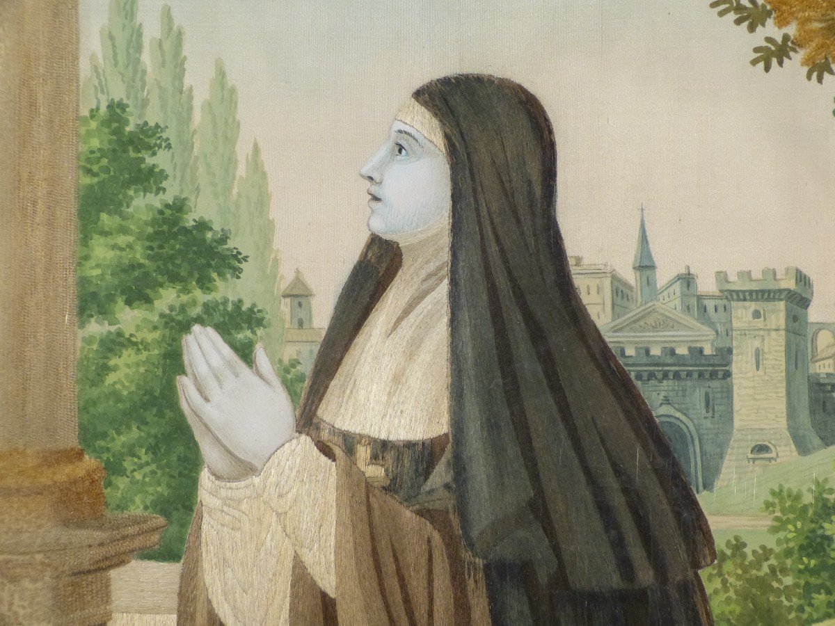 Saint Claire, Embroidery On A Landscape Background In Gouache 19th-photo-3