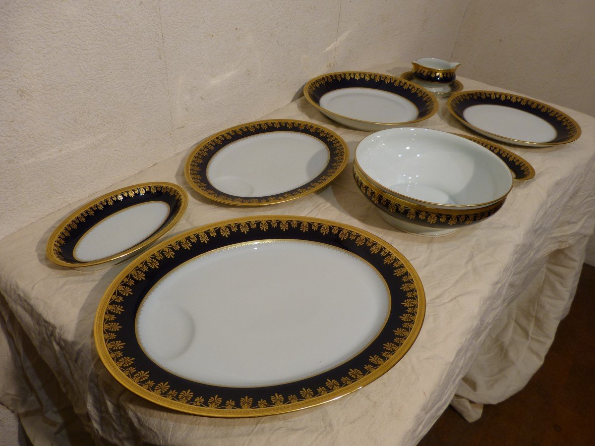 Haviland Limoges Service En Porcelaine Style Empire Bleu Et Or 44 Pièces-photo-4