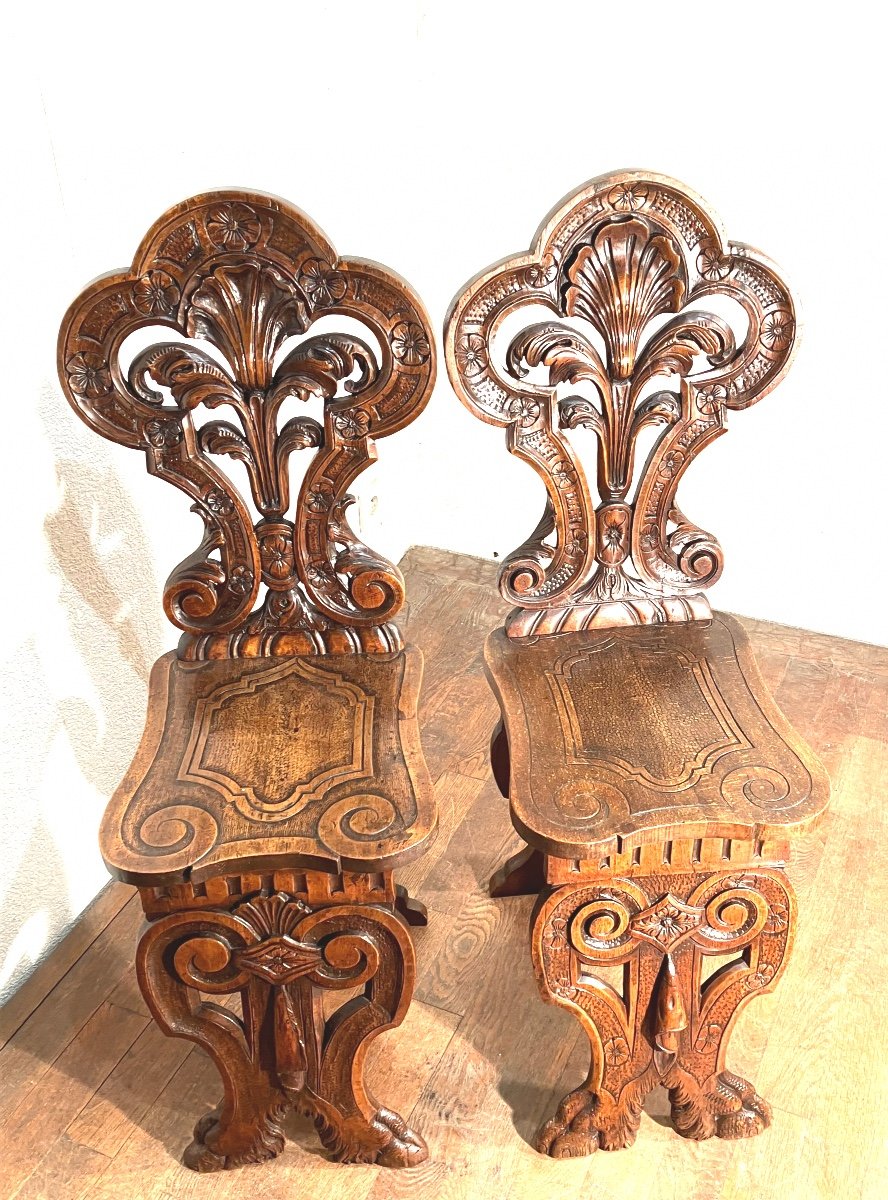 Paire De Chaises  Escabelle En Noyer Renaissance Italie 19eme-photo-2