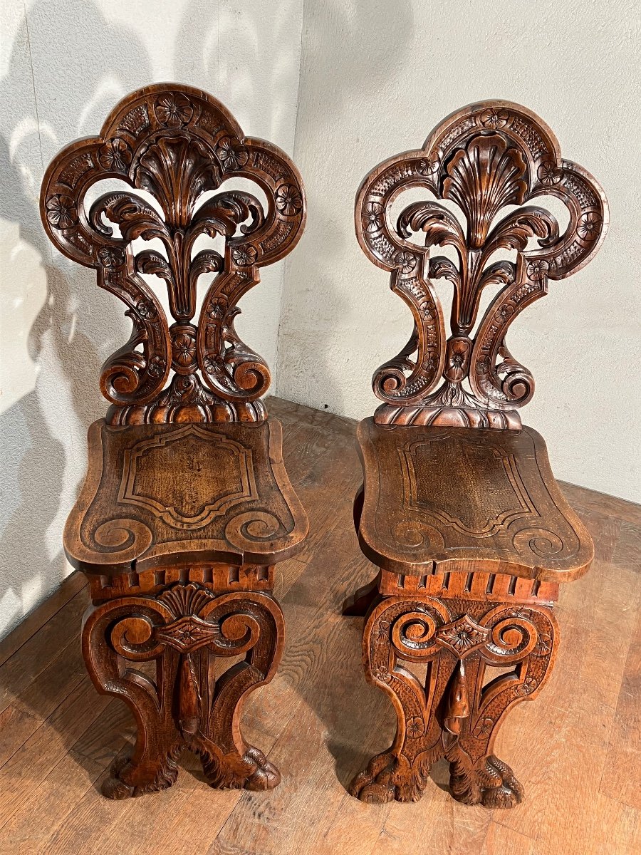 Paire De Chaises  Escabelle En Noyer Renaissance Italie 19eme-photo-5