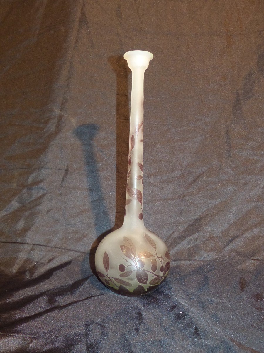Vase Gallé Soliflore 32 cm Col Trompette Art Nouveau Décor Prunus-photo-4