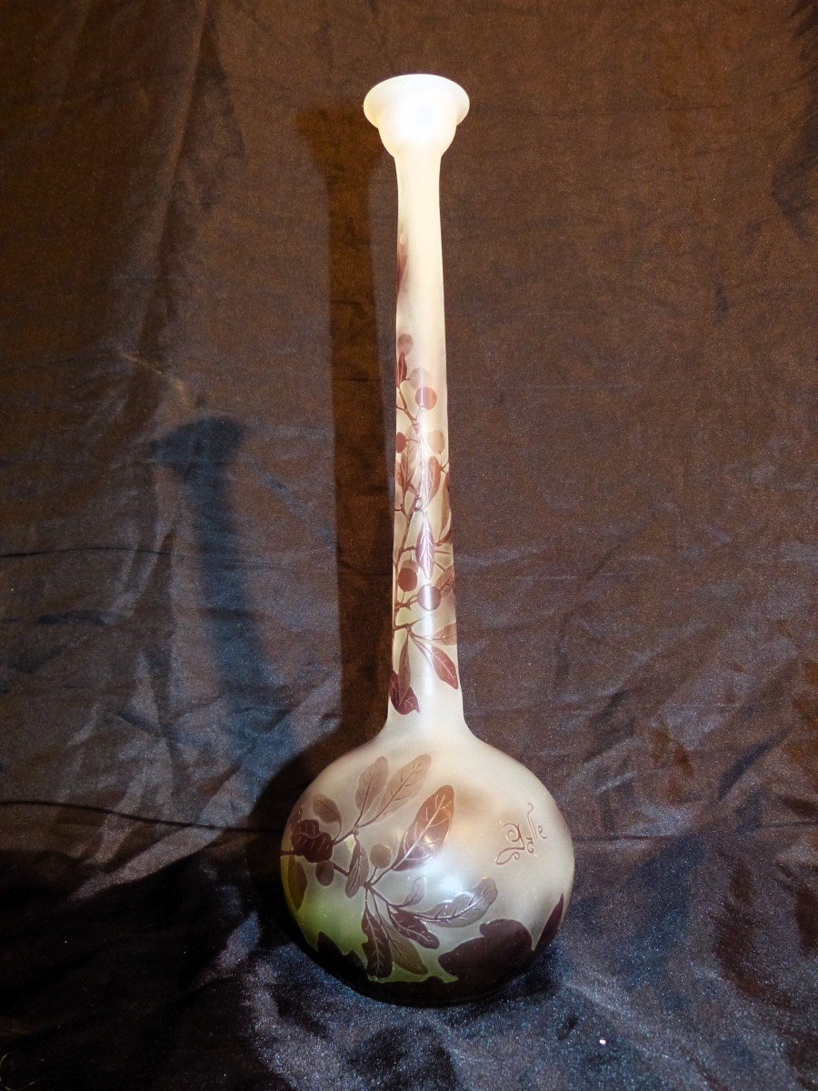 Vase Gallé Soliflore 32 cm Col Trompette Art Nouveau Décor Prunus