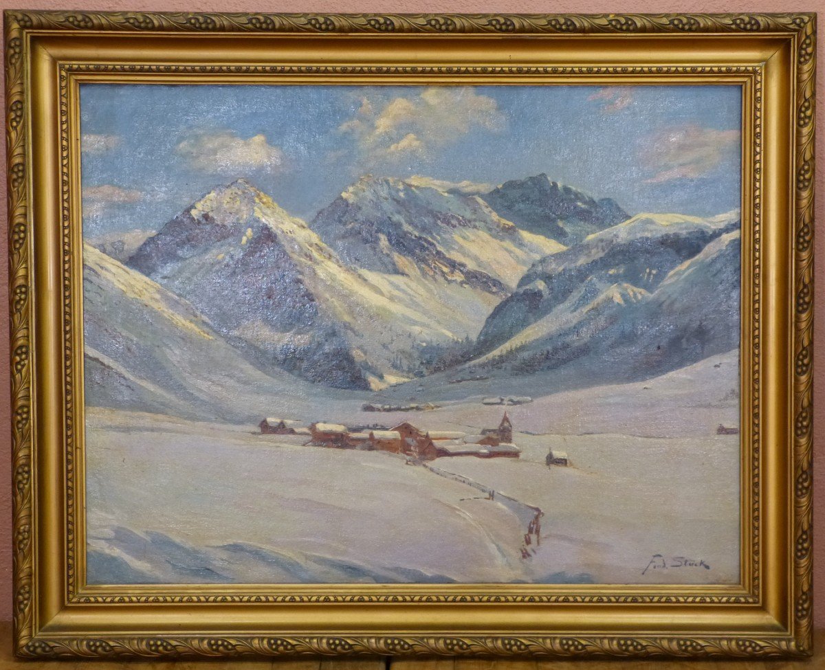 Snow Mountain Landscape Painting By Stuck Alsatian Painter From Saverne