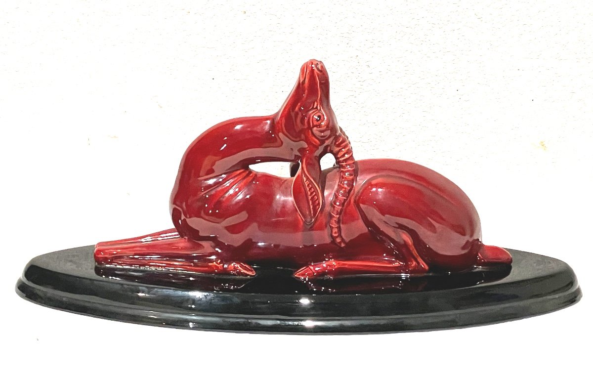 Georges Lavroff Ibex In Red Ceramic On Black Base -photo-3