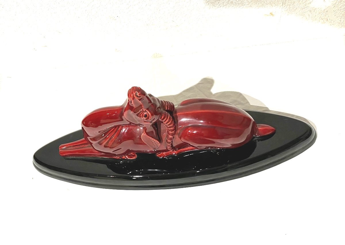 Georges Lavroff Ibex In Red Ceramic On Black Base -photo-4