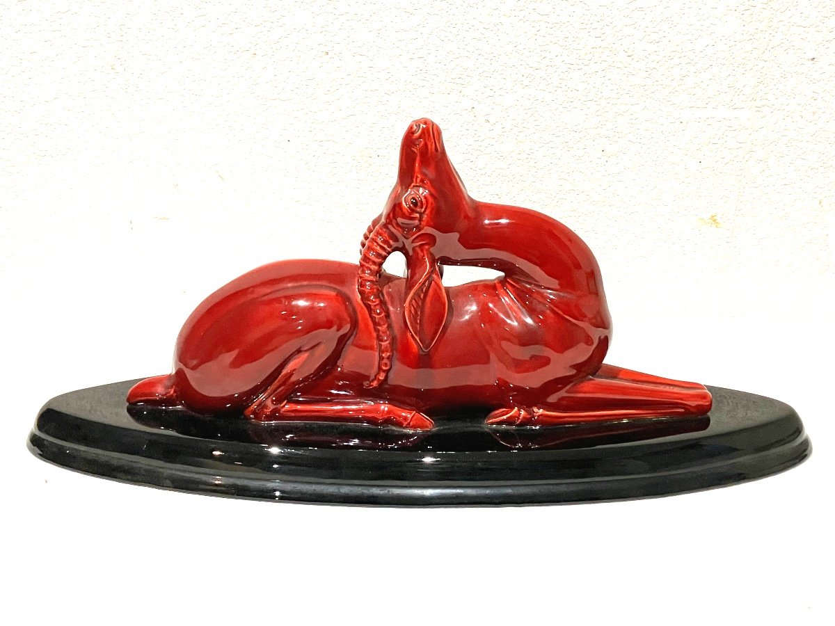 Georges Lavroff Ibex In Red Ceramic On Black Base 