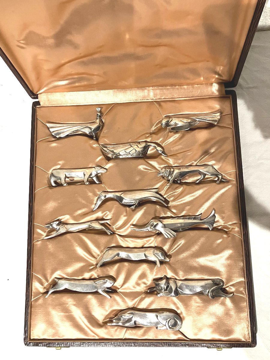 Marcel Sandoz And Gallia Series Of 12 Knife Holders In Silver Metal Christofle 