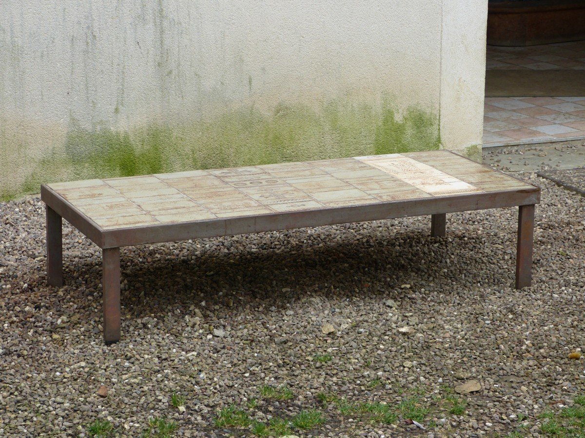 Roger Capron, Large Coffee Table In Incised Sandstone Bird Decor 1960s-photo-1