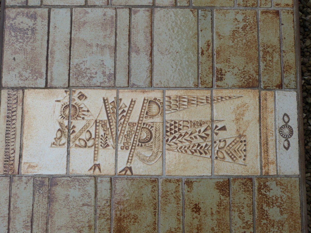 Roger Capron, Large Coffee Table In Incised Sandstone Bird Decor 1960s-photo-3