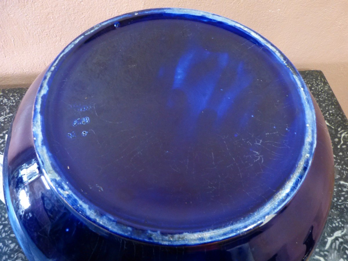 Cache Pot Sur Colonne En Faïence De Sarreguemines Bleu Et Or-photo-2
