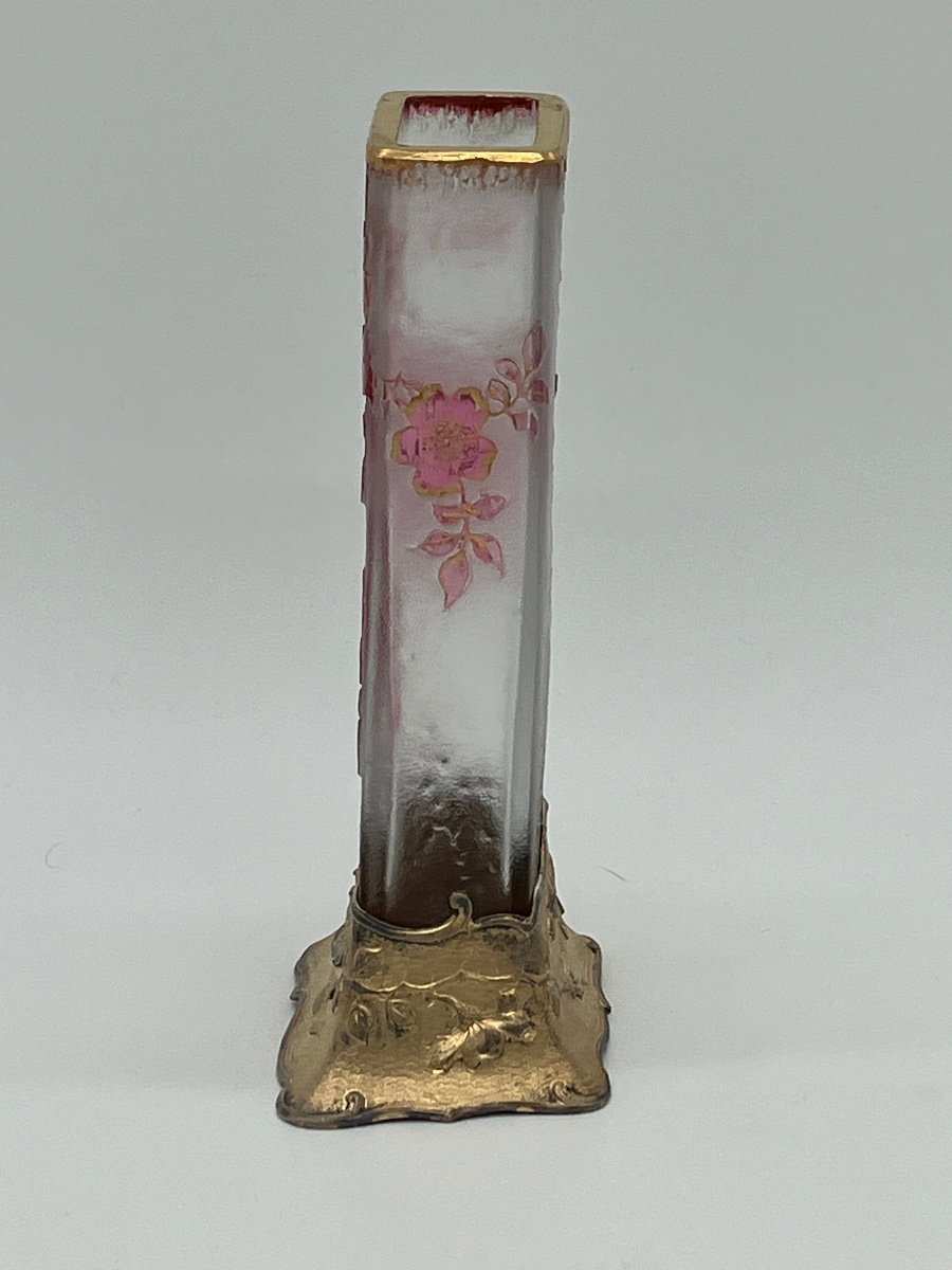 Daum Nancy Japanese Vase With Roses And Butterfly, Mounted Vermeil, Art Nouveau, Engraved Frosted Glass-photo-1