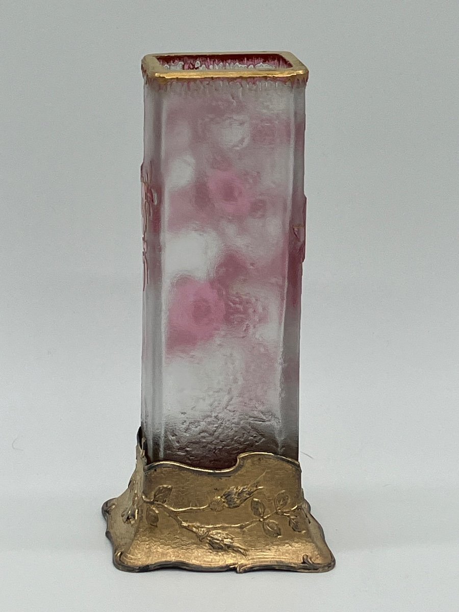 Daum Nancy Japanese Vase With Roses And Butterfly, Mounted Vermeil, Art Nouveau, Engraved Frosted Glass-photo-2