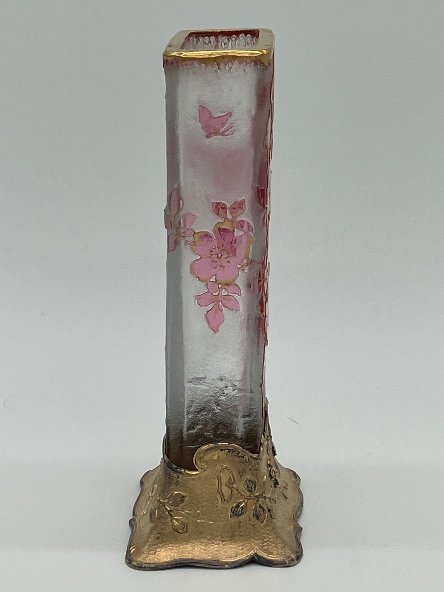 Daum Nancy Japanese Vase With Roses And Butterfly, Mounted Vermeil, Art Nouveau, Engraved Frosted Glass-photo-3