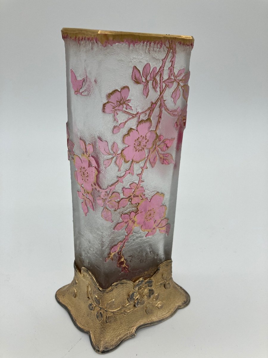 Daum Nancy Japanese Vase With Roses And Butterfly, Mounted Vermeil, Art Nouveau, Engraved Frosted Glass-photo-7