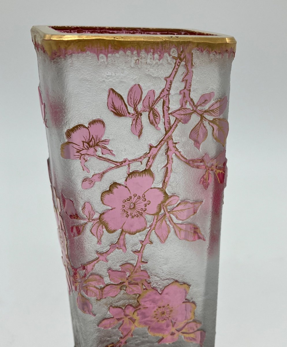 Daum Nancy Japanese Vase With Roses And Butterfly, Mounted Vermeil, Art Nouveau, Engraved Frosted Glass-photo-8