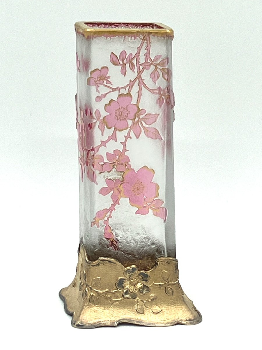 Daum Nancy Japanese Vase With Roses And Butterfly, Mounted Vermeil, Art Nouveau, Engraved Frosted Glass